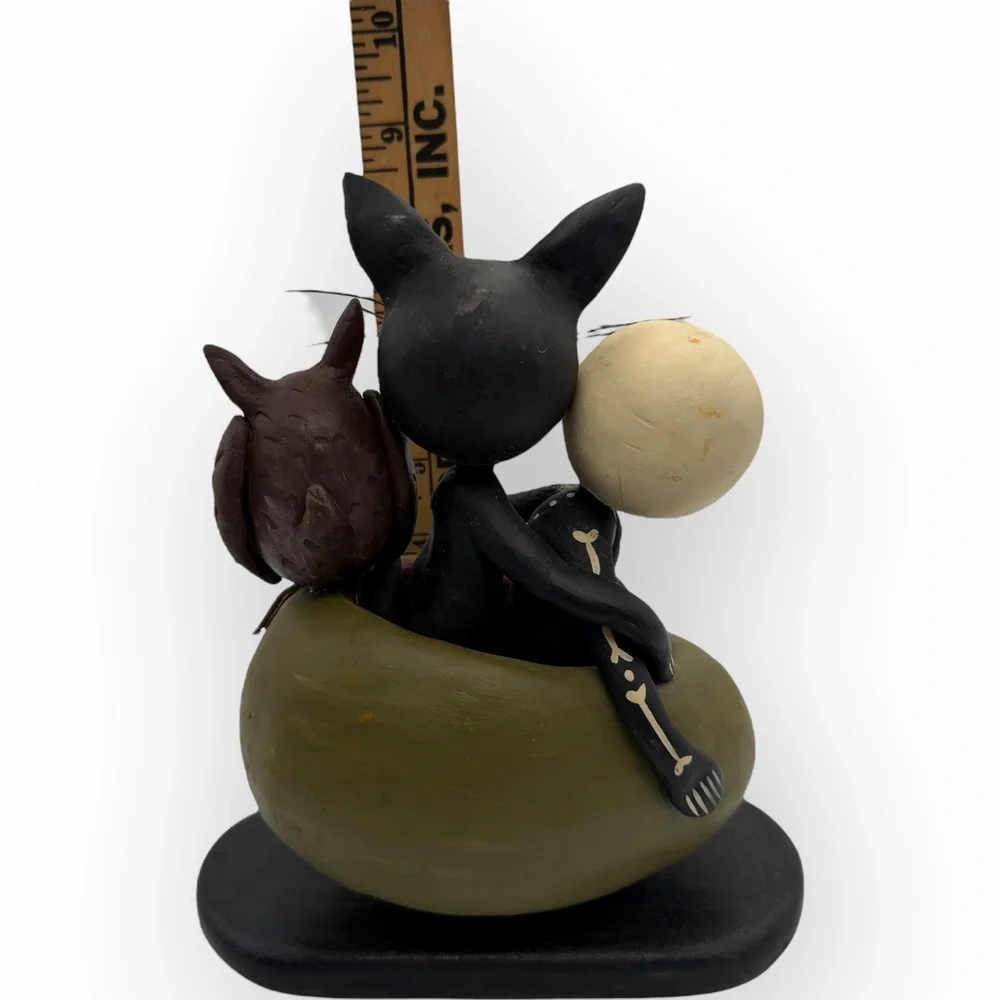 Whimsical Julie Karanik Signed Black Cat  Owl‎ Skeleton Halloween Numbered 9”